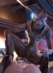1boy 1girls 3d 3d_(artwork) alien alien_girl alien_humanoid anthro anthro_female cowgirl_position creampie cum cum_drip cum_in_pussy doinks-ahoy high_resolution highres human human_male human_on_alien human_on_anthro interspecies mass_effect sex turian vetra_nyx