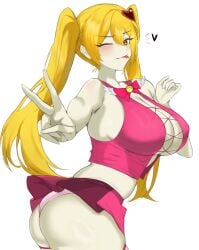 1girls ass blonde_hair breasts cleavage don_quixote_(limbus_company) female female_only hair_ornament heart heart_hair_ornament huge_breasts large_breasts light-skinned_female light_skin limbus_company lobotomy_corporation looking_at_viewer midriff miniskirt no_bra one_eye_closed panties peace_sign pmlbtmlorlc project_moon sleeveless_shirt smile solo thighhighs thighs tied_hair tongue twintails v wink yellow_eyes