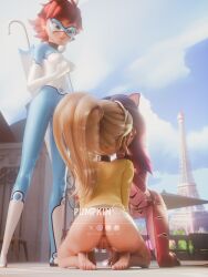 3d alixx_(character) ass blender blender_(artwork) blender_(software) blender_cycles bunnyx_(character) censored chloe_bourgeois disney disney_channel domination juleka_couffaine kiss_on_lips kissing kissing ladybug_&_cat_noir:_the_movie lesbian_kiss miraculous:_tales_of_ladybug_and_cat_noir miraculous_ladybug public public_exposure public_indecency pumpkincat purple_tigress_(character) pussy threesome trio young yuri