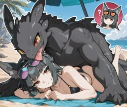 ai_generated animal_ears beach beach_towel beach_umbrella bikini black_bikini dark_hair dragon dreamworks emotionless emotionless_female excited_male eyelashes female hoshimi_miyabi how_to_train_your_dragon human lying_on_person lying_on_stomach male outside public red_eyes rubeon sunglasses sunglasses_on_head sweat toothless zenless_zone_zero