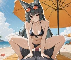 abs ai_generated animal_ears beach beach_towel beach_umbrella bikini bikini_aside black_bikini breasts cowgirl_position dark_hair dragon dreamworks emotionless emotionless_female eyelashes female girl_on_top hand_on_chest hoshimi_miyabi how_to_train_your_dragon human long_hair lying_on_person lying_on_stomach male male/female male_pov motion_lines outside outside_sex public public_sex red_eyes rubeon sex sex_on_the_beach starfish sunglasses sunglasses_on_head sweat toothless towel vaginal_penetration zenless_zone_zero