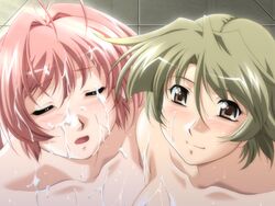 2girls binetsu_kyoushi_cherry blush collarbone game_cg green_hair kanai_mamiko nude penis pink_hair yamane_masahiro yorii_kiyoka zyx