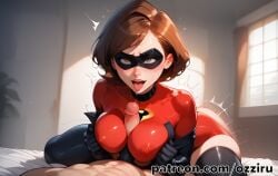 1boy 1boy1girl absurd_res ai_generated brown_hair disney elastigirl female female_focus female_penetrated flexible helen_parr hi_res highres male male/female male_penetrating male_penetrating_female mature_female milf mommy ozziru paizuri patreon pixar pov pov_eye_contact self_upload short_hair superhero superheroine the_incredibles titjob uncensored