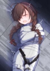 ahoge arms_across_body arms_under_breasts belt_buckle bodysuit bondage bound bound_arms bound_legs braid brown_hair buckle closed_eyes female highres hitachi_magic_wand long_hair lying madotsuki menou_74 oerba_yun_fang on_back open_mouth sex_toy skin_fang solo straitjacket twin_braids vibrator white_bodysuit yume_nikki