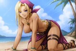 ai_assisted ai_generated areolae attractive bandana beach bedroom_eyes belly belt bikini_removed birds blonde_hair blue_eyes blue_sky bracelets chains clouds earrings female gina_benvesta gladiator_sandals golden_chain kneeling kneeling_on_all_fours kneeling_on_ground kuutei_senki large_breasts long_hair navel necklace nipples ocean olive_skin on_all_fours on_hands_and_knees palm_tree pendant_necklace ponytail purple_clothing sand sarong seductive sexy sexy_pose skirt smile sunny sunshine tan_skin tanned_skin thigh_strap thigh_straps topless tropical tropical_beach tsurime waist_length_hair