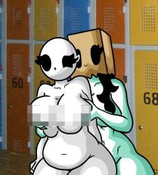 2girls alternate_version_available bald bald_female belly belly_button big_breasts black_eyes black_hair breasts censored censored_nipples chetoh chubby chubby_female claire_(chetoh) completely_nude completely_nude_female egg female female_focus female_only groping groping_breasts groping_from_behind hair lockers naked naked_female nude nude_female oc original original_character original_characters paper_bag paper_bag_on_head photo_background pixelated rose_(chetoh) white_body yuri