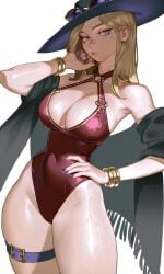 ai_generated alternate_costume alternate_version_at_source black_hat blonde_hair blue_eyes bored caitlyn_kiramman cleavage cleavage_cutout closed_mouth collarbone covered_navel curvy dutch_angle eyelashes female gold_bracelet hand_on_waist hand_up highleg_swimsuit large_breasts league_of_legends league_of_legends:_wild_rift lips looking_at_viewer lud0vicc mole_under_eye nail_polish narrow_waist o-ring o-ring_swimsuit one-piece_swimsuit pool_party_caitlyn pool_party_series purple_nails red_swimsuit riot_games shawl shiny_skin simple_background solo standing sunglasses_on_head swimsuit thighs wet white_background wide-brimmed_hat