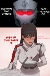 1girls 2koma alternate_costume arm_behind_back black_hair blush breasts c-01_permit choice english_text female gloves helldiver_(helldivers) helldivers helldivers_2 highres hong_doo jacket large_breasts long_hair military_uniform mole mole_under_eye nose_blush red_eyes solo text white_gloves white_jacket wholesome