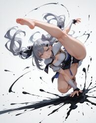 1girls ai_generated ass barefoot black_panties black_skirt blue_eyes blush crouching feet female hololive hololive_indonesia ink ink_splatter kicking large_breasts leg_up long_hair on_one_leg paint_splatter posing smile soles spread_legs thick_thighs thighs vestia_zeta virtual_youtuber white_hair white_shirt wide_hips