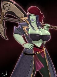 abs axe big_breasts cleavage cleavage_overflow coat dazol dreadlocks final_fantasy_xiv great_axe green_skin huge_breasts large_breasts lipstick looking_at_viewer muscular muscular_female necklace original_character pirate roegadyn tagme toned_female tusks