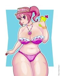 bikini breasts cleavage female food jewelry large_breasts navel necklace pink_bikini pink_eyes pink_hair short_hair solo swimsuit thick_thighs thighs tongue twintails