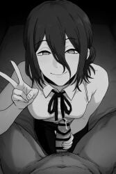 1boy 1girls bedroom_eyes chainsaw_man dark-skinned_male dark_skin erotic eyes half-closed_eyes hot kneeling light-skinned_female light_skin male penis pervert precum reze_(chainsaw_man) room waifu