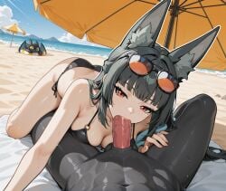 abs ai_generated animal_ears beach beach_towel beach_umbrella bikini black_bikini dark_hair dragon dreamworks emotionless emotionless_female eyelashes fellatio female hoshimi_miyabi how_to_train_your_dragon human lying_on_ground lying_on_person male male/female male_pov outside penis public rubeon saliva saliva_on_penis sunglasses sunglasses_on_head toothless zenless_zone_zero