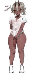 1boy arm_behind_back bare_arms black_sclera blush bottomless clothes_writing collarbone colored_sclera colored_skin commentary commission covered_navel english_commentary english_text full_body grey_hair hair_between_eyes hair_between_horns highres horns looking_at_viewer male_focus mole mole_under_eye neck_ribbon oni orange_eyes original penis pointy_ears ponytail red_ribbon red_skin ribbon shirt shirt_tug short_sleeves simple_background socks solo standing t-shirt tabi testicles thick_thighs thighs trap uncensored white_background white_socks wide_hips xcider