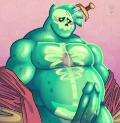 anthro big_muscles big_penis blush bone clothed clothing cyrus-inkubatto doug_(monster_con) erection genitals glistening glistening_body glistening_skin goo_creature humanoid_genitalia humanoid_penis male melee_weapon monster musclegut muscular penis pink_background pose presenting simple_background skull skull_head slime solo sword weapon yellow_eyes