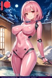 ai_generated android android_girl breasts female hot_spring kuriboh_ex_(artist) latex oppai pink_hair red_eyes robot robot_girl rubber sexaroid