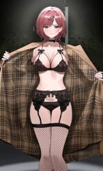 ass_visible_through_thighs big_breasts black_bra black_panties blush bra breasts brown_hair choker cleavage closed_mouth collarbone embarrassed exhibitionism fishnet_thighhighs fishnets garter_belt garter_straps hairpin higuchi_madoka idolmaster idolmaster_shiny_colors jacket lace-trimmed_bra lace-trimmed_panties lingerie mole mole_under_eye nail_polish open_jacket outdoors panties pdal_(pdalhhh) purple_eyes purple_nails short_hair standing sweat sweaty_body thighs trembling trenchcoat underwear
