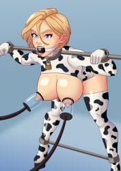 areola areolae ball_gag big_breasts blonde_hair blue_eyes bondage bound breasts breasts_focus cow_print dc dc_comics female female_focus female_only femsub gag gagged hucow light-skinned light-skinned_female light_skin lock milking milking_machine nipples padlock png power_girl puffpow steel_bondage superheroine