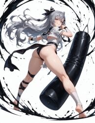 1girls ai_generated ass black_shorts blue_eyes blush feet female hololive hololive_indonesia hololive_indonesia_holoh3ro ink ink_splatter medium_breasts paint_splatter posing punching_bag smile soles thick_thighs thighs toeless_legwear vestia_zeta virtual_youtuber white_dress white_hair