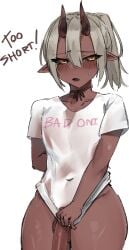 1boy arm_behind_back bare_arms black_sclera blush bottomless clothes_writing collarbone colored_sclera colored_skin commentary commission covered_navel english_commentary english_text eyes_visible_through_hair femboy grey_hair hair_between_eyes hair_between_horns highres horns looking_at_viewer male_focus mole mole_under_eye neck_ribbon oni orange_eyes original penis pointy_ears ponytail red_ribbon red_skin ribbon shirt shirt_tug short_sleeves simple_background solo t-shirt testicles thick_thighs thighs trap uncensored white_background wide_hips xcider