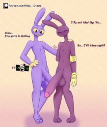 3_toes absurd_res anthro balls big_penis blush blush_lines closed_eyes clothing dialogue duo english_text evil_jax_(the_amazing_digital_circus) feet femboy genitals glitch_productions gloves gloves_only half-erect hand_on_hip hand_on_shoulder handwear handwear_only hi_res jax_(tadc) lagomorph leporid male male/male male_only mammal max_draws mostly_nude nude patreon penis rabbit shy size_difference standing surprised_expression surprised_face text the_amazing_digital_circus toes url