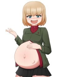 blonde_hair blue_eyes blush female fetal_movement girls_und_panzer hand_on_own_stomach katyusha lernana_6 navel oerba_yun_fang open_mouth pravda_military_uniform pregnant stomach_bulge