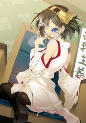 adjusting_glasses ass bare_shoulders barefoot blue_eyes blush boots brown_hair cum cum_on_glasses cum_on_hair detached_sleeves facial female from_behind glasses hairband japanese_clothes kantai_collection kirishima_(kantai_collection) looking_back miko nilitsu open_mouth personification short_hair single_shoe sitting skirt smile solo thigh_boots thighhighs wariza wide_sleeves