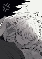 2boys anger_vein barou_shouei blue_lock censored chuma_a_a clothes_pull erection fingernails greyscale highres holding large_penis licking licking_testicle male_focus monochrome multiple_boys nagi_seishirou oral pants pants_pull penis precum short_hair simple_background speech_bubble testicles tongue translation_request veins veiny_penis white_background yaoi