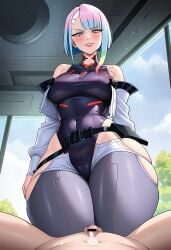 ai_generated cyberpunk:_edgerunners cyberpunk_(series) cyberpunk_2077 femdom hi_res highres indoors living_room looking_at_viewer looking_down looking_down_at_viewer lucy_(cyberpunk) lucyna_kushinada makeup male_on_bottom premature_ejaculation premature_ejaculation_shaming seductive seductive_look seductive_smile short_hair skimpy skimpy_clothes small_penis small_penis_humiliation standing stockings thick thick_ass thick_thighs vanillaramen voluptuous voluptuous_female wide_hips