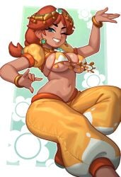 1girls breasts brown_hair cleavage clothing dancer dancer_outfit eyes female female_only huge_breasts large_breasts light-skinned_female light_skin long_hair looking_at_viewer mario_(series) nintendo orange_hair princess_daisy rizdraws simple_background smile solo tagme white_background