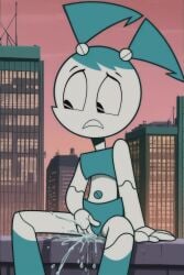 accurate_art_style ai_generated embarrassed jenny_wakeman justsomebuddy my_life_as_a_teenage_robot on_roof public_squirting rooftop squirting xj-9