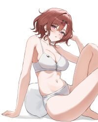 arm_support armpit_crease bare_arms bare_belly bare_legs bare_shoulders bare_thighs barefoot belly_button blush bra breasts brown_hair cleavage collarbone cone_(arca_live) feet_out_of_frame hairpin higuchi_madoka idolmaster idolmaster_shiny_colors medium_breasts panties parted_lips purple_eyes short_hair sideboob thighs underwear white_bra white_panties white_underwear zipper