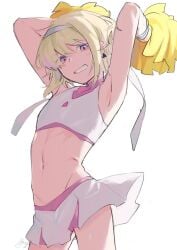 1boy androgynous blonde_hair bob_cut cheerleader cheerleader_uniform clothing crossdressing femboy fully_clothed kar09265 lio_fotia looking_at_viewer male miniskirt petite pom_poms promare short_hair skinny skirt slim_male solo thin_waist tight_clothing twink