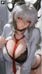 ai_generated big_breasts blush bra breasts female female_only horn horns looking_at_viewer necktie open_clothes shirt solo standing trugprz underwear white_hair wuthering_waves zani_(wuthering_waves)