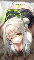 absurdres all_fours blue_archive breasts cleavage doggy_style female halo highres kotatsu large_breasts long_hair looking_at_viewer nonomi_(blue_archive) skirt stealth_sex table under_kotatsu under_the_table user_cyzh4847