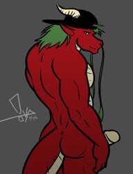 2012 anthro ass bgn biceps chinese_dragon dragon furry green_eyes green_hair hair hat horn looking_at_viewer male male_only muscles nude pecs penis quazy red_dragon solo whiskers