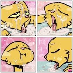1:1 absurd_res anthro bodily_fluids border cum cum_in_mouth cum_inside digital_media_(artwork) drinking drinking_cum excessive_cum excessive_genital_fluids felid feline felis female fourball fur genital_fluids heart_eyes heart_symbol hi_res katia_managan lagomorph licking_cum mammal microsoft prequel_adventure simple_background the_elder_scrolls white_border yellow_body yellow_fur