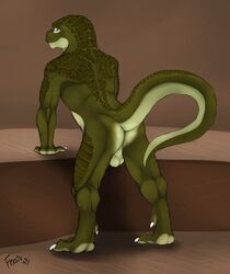 2013 anthro ass balls biceps big_muscles blue_eyes claws dinosaur fersir furry furry_only green_skin looking_at_viewer looking_back male male_only muscles nude plain_background pose presenting presenting_hindquarters raised_tail scales scalie seductive sketch smile smirk solo standing theropod tyrannosaurus_rex