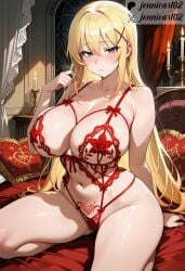 ai_generated areola_slip arm_behind_back bangs bare_shoulders bed bed_sheet bedroom bent_knees blonde_hair blue_eyes blush bra breasts candle clavicle cleavage clothing collarbone curtains darkness_(konosuba) female female female_only hair_between_eyes hair_ornament hairclip hand_up highleg_panties huge_breasts indoors jennieart02 kneeling kono_subarashii_sekai_ni_shukufuku_wo! konosuba lace_trim lamp large_breasts lingerie long_hair looking_at_viewer multi-strapped_panties navel nipples on_bed panties pantsu parted_lips pasties patreon patreon_logo patreon_username pillow pubic_tattoo red_bra red_panties red_underwear sidelocks sitting skindentation smile solo stomach sweat tattoo thick_thighs thighs twitter twitter_username underwear underwear_only very_long_hair watermark window x_hair_ornament