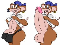 2016 anthro ass backwards_baseball_cap backwards_hat balls baseball_cap big_balls big_butt big_penis blue_baseball_cap bottomless bottomless_anthro bottomless_male brown_body brown_fur capitol_critters cheek_tuft chin_tuft clothed clothing clothing_lift colored_nails digital_drawing_(artwork) digital_media_(artwork) ear_piercing ear_ring erection erection_under_speedo erection_under_thong facial_tuft flat_colors foreskin fur genitals glance grey_clothing grey_shirt grey_topwear hairless_tail hanna-barbera hat headgear headwear heavymetalrules huge_balls huge_cock humanoid_genitalia humanoid_penis hyper hyper_balls hyper_genitalia hyper_penis jammett looking_at_viewer male mammal multicolored_body multicolored_fur murid murine nails pecs penis piercing pink_foreskin pinup pose raised_tail rat ribs ring_piercing rodent shirt shirt_lift simple_background smile smiling_at_viewer solo speedo standing swimwear tail tan_balls tan_body tan_fur tan_penis thong topwear tuft two_tone_body two_tone_fur underwear whisker_spots whiskers white_background white_sclera