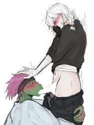 blowjob blushed_face kneeling lizzard my_hero_academia oral reptile reptile_humanoid shigaraki_tomura shuichi_iguchi spinner_(my_hero_academia) tomura_shigaraki white_hair