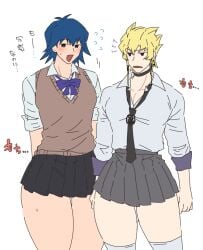 2boys 2males black_eyes blonde_hair blue_hair bruno jack_atlas looking_at_viewer male_only purple_eyes school_uniform sfw thick_thighs yu-gi-oh! yu-gi-oh!_5d's