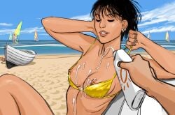 au_(artist) black_hair boli-blog breasts_out gold_bikini natalia_(au) nipples_outside public_nudity sunscreen_on_breasts