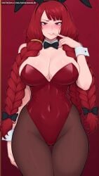 ai_generated animal_ears ass_visible_through_thighs bangs bare_shoulders black_bow blush bow bowtie braid breasts cleavage covered_navel dandanhub detached_collar fairy_tail fake_animal_ears female female_only finger_to_mouth highleg highleg_leotard irene_belserion large_breasts leotard long_hair looking_at_viewer pantyhose rabbit_ears red_background red_eyes red_hair red_leotard smile solo strapless strapless_leotard thigh_gap twin_braids twintails wrist_cuffs