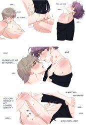 2boys anal anal_sex arched_back blush colored comic gay gay_sex love_and_deep_space male male_only male_penetrating_male partially_clothed purple_hair rafayel_(love_and_deep_space) riding rough_sex silver_hair staring_at_partner sweat sweatdrop text xavier_(love_and_deep_space) yaoi