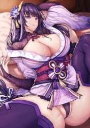absurdres alternate_breast_size areola_slip breasts cleavage fan_hair_ornament female flower genshin_impact highres huge_breasts japanese_clothes kimono long_hair long_sleeves low-braided_long_hair low-tied_long_hair lying on_back panties purple_eyes purple_flower purple_hair purple_kimono purple_nails purple_panties purple_thighhighs raiden_shogun solo spread_legs tama_yu thighhighs tomoe_(symbol) underwear variant_set very_long_hair