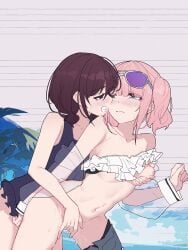 2girls after_kiss blue_eyes blue_one-piece_swimsuit blush bra breasts brown_hair chibi chinese_commentary closed_mouth commentary_request eyewear_on_head fingering frilled_bra frills girls_band_cry grey_eyes grin groping highres hina_(girls_band_cry) iseri_nina low_twintails medium_breasts multiple_girls nipples oerba_yun_fang one-piece_swimsuit open_mouth pink_hair purple-tinted_eyewear pussy_juice saliva saliva_trail short_hair short_twintails smile swimsuit tinted_eyewear twintails underwear yun_cao_bing yuri