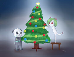 2013 balls bear black_eyes christmas christmas_tree cute female feral fur green_hair hair holidays kirlia male nintendo nipples nude pancham panda penis pokemon pokemon_(species) red_eyes smile standing tree video_games zekromlover