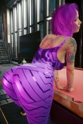 1girls ass booty cd_projekt_red cyberpunk_2077 game_cg latex photorealistic pink_hair realistic thight_clothing valerie_(cyberpunk_2077)