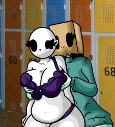 2girls alternate_version_available bald bald_female belly belly_button big_breasts black_eyes black_hair bra breasts chetoh chubby chubby_female claire_(chetoh) egg female female_focus female_only green_sweater groping groping_breasts groping_from_behind hair lockers oc original original_character original_characters panties paper_bag paper_bag_on_head photo_background purple_bra purple_panties rose_(chetoh) white_body yuri